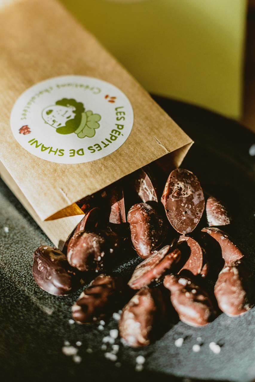 Amandes enrobées de chocolat qui s'échappent d'un sachet kraft Les Pépites de Shani